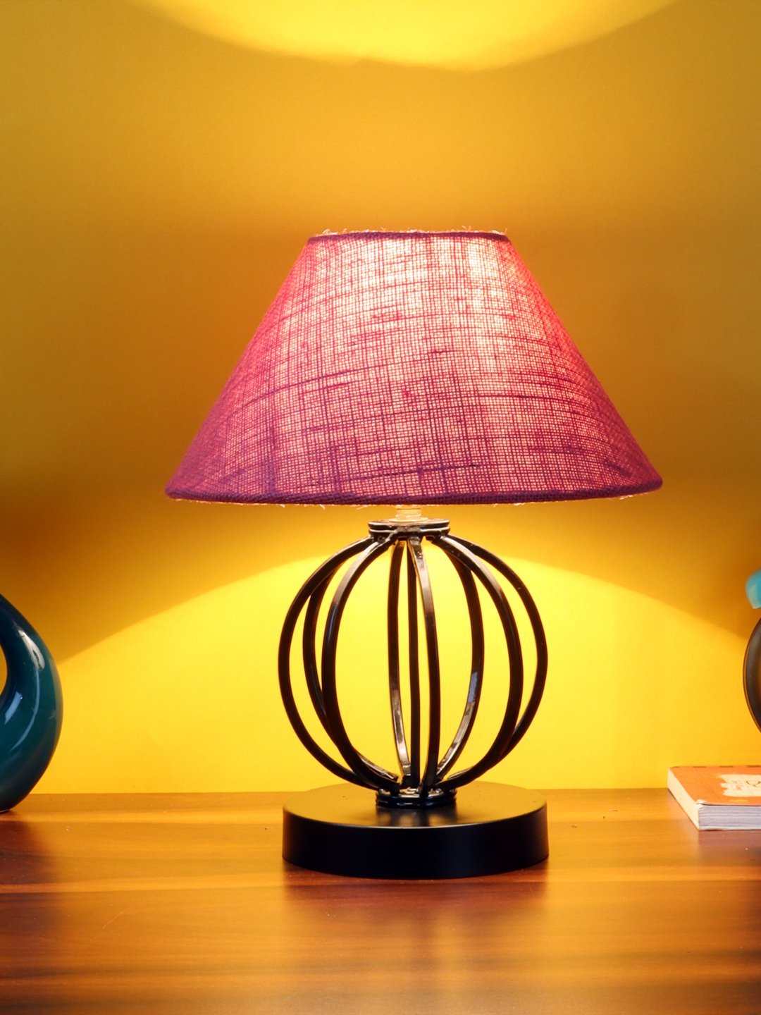 Ambika Home Round Iron & Black WoodTable Lamp with Pink Jute Shade Wooden Table Lamp with Jute Shade, Pink , Modern Bedside Lamp for Bedroom, Living Room, Hotel, Café & Home Decor