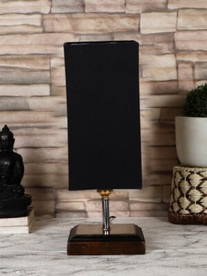 Ambika Home Black cotton table lamp with Square Brown Wood Base