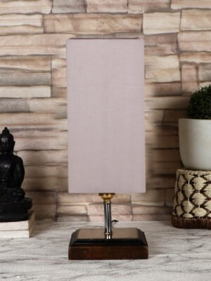 Ambika Home Grey cotton table lamp with Square Brown Wood Base