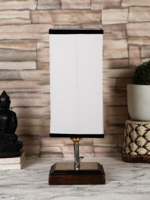 Ambika Home white & black cotton table lamp with Square Brown Wood Base