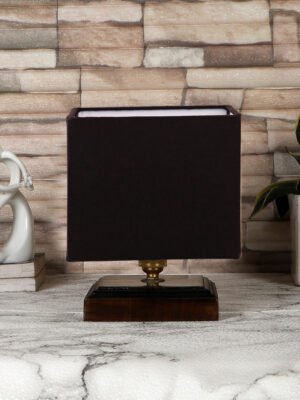 Ambika Home Black cotton table lamp with Brown wood square base