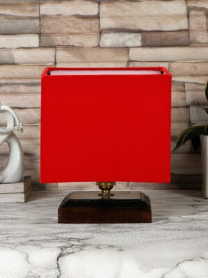 Ambika Home Red  cotton table lamp with Brown wood square base