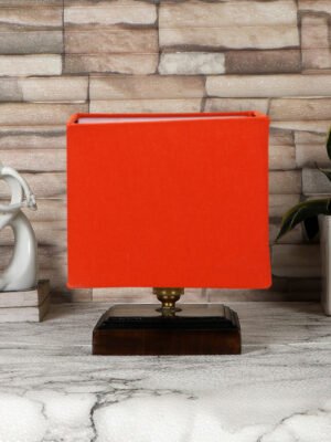 Ambika Home Orange cotton table lamp with Brown wood square base