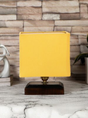 Ambika Home Yellow  cotton table lamp with Brown wood square base