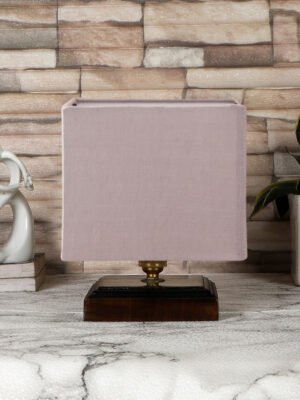 Ambika Home Grey cotton table lamp with Brown wood square base