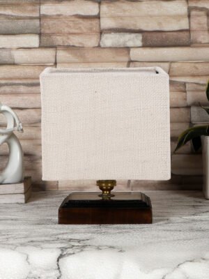 Ambika Home White Jute table lamp with Brown wood square base
