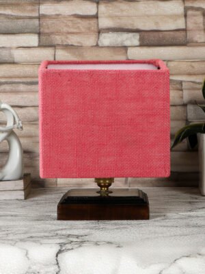 Ambika Home Pink Jute  table lamp with Brown wood square base