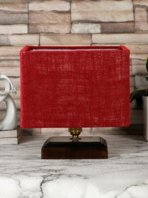 Ambika Home Maroon Jute table lamp with Brown wood square base