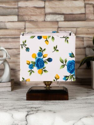 Ambika Home Multicolor cotton table lamp with Brown wood square base
