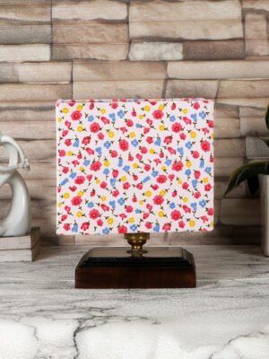 Ambika Home Multicolor cotton table lamp with Brown wood square base