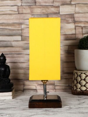 Ambika Home Yellow  cotton table lamp with Square Brown Wood Base
