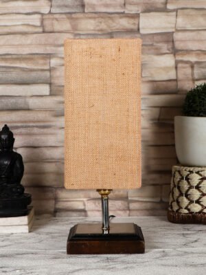 Ambika Home Beige Jute table lamp with Square Brown Wood Base