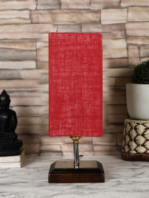 Ambika Home Maroon Jute table lamp with Square Brown Wood Base