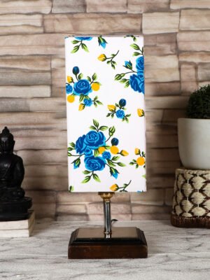 Ambika Home Multicolor cotton table lamp with Square Brown Wood Base