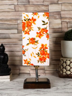 Ambika Home Multicolor cotton table lamp with Square Brown Wood Base