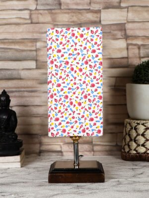 Ambika Home Multicolor cotton table lamp with Square Brown Wood Base
