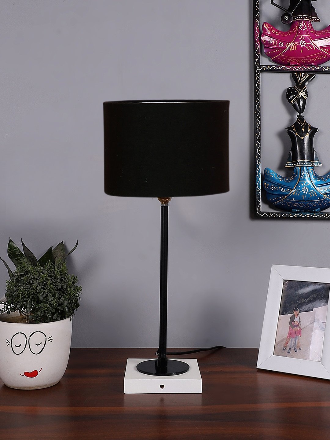 Ambika Home Wooden Table Lamp with Black Cotton Shade | Bedside Lamp for Bedroom, Living Room, Hotel & Cafe | RK02