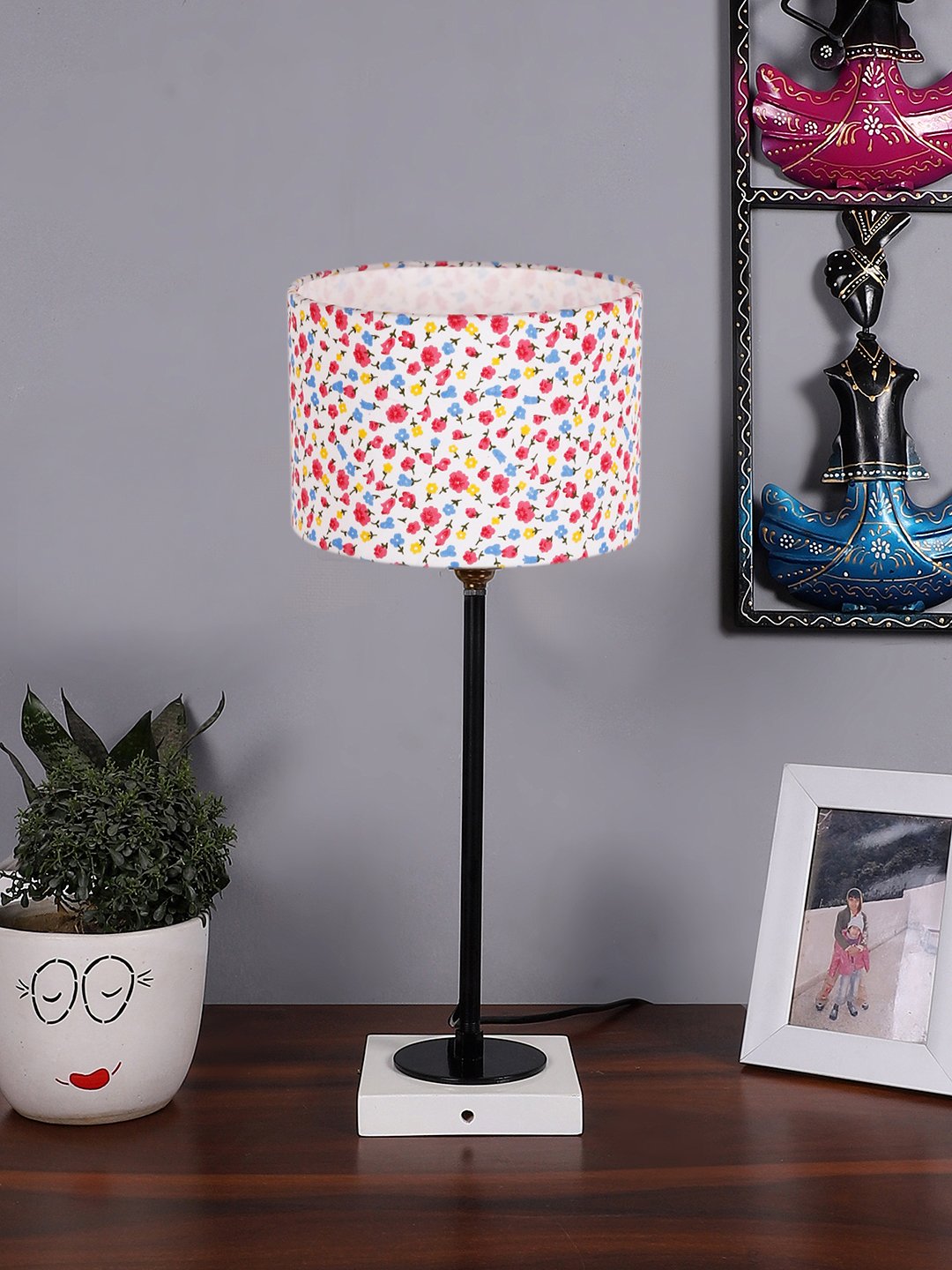 Ambika Home Wooden Table Lamp with Multi Cotton Shade | Bedside Lamp for Bedroom, Living Room, Hotel & Cafe | RK14