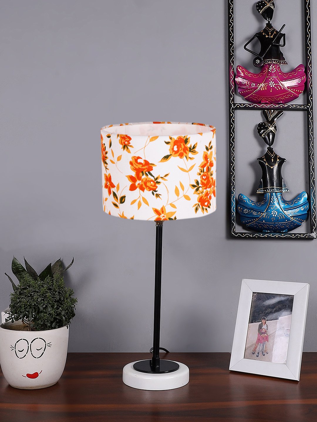 Ambika Home Wooden Table Lamp with Multi Cotton Shade | Bedside Lamp for Bedroom, Living Room, Hotel & Cafe | RK43