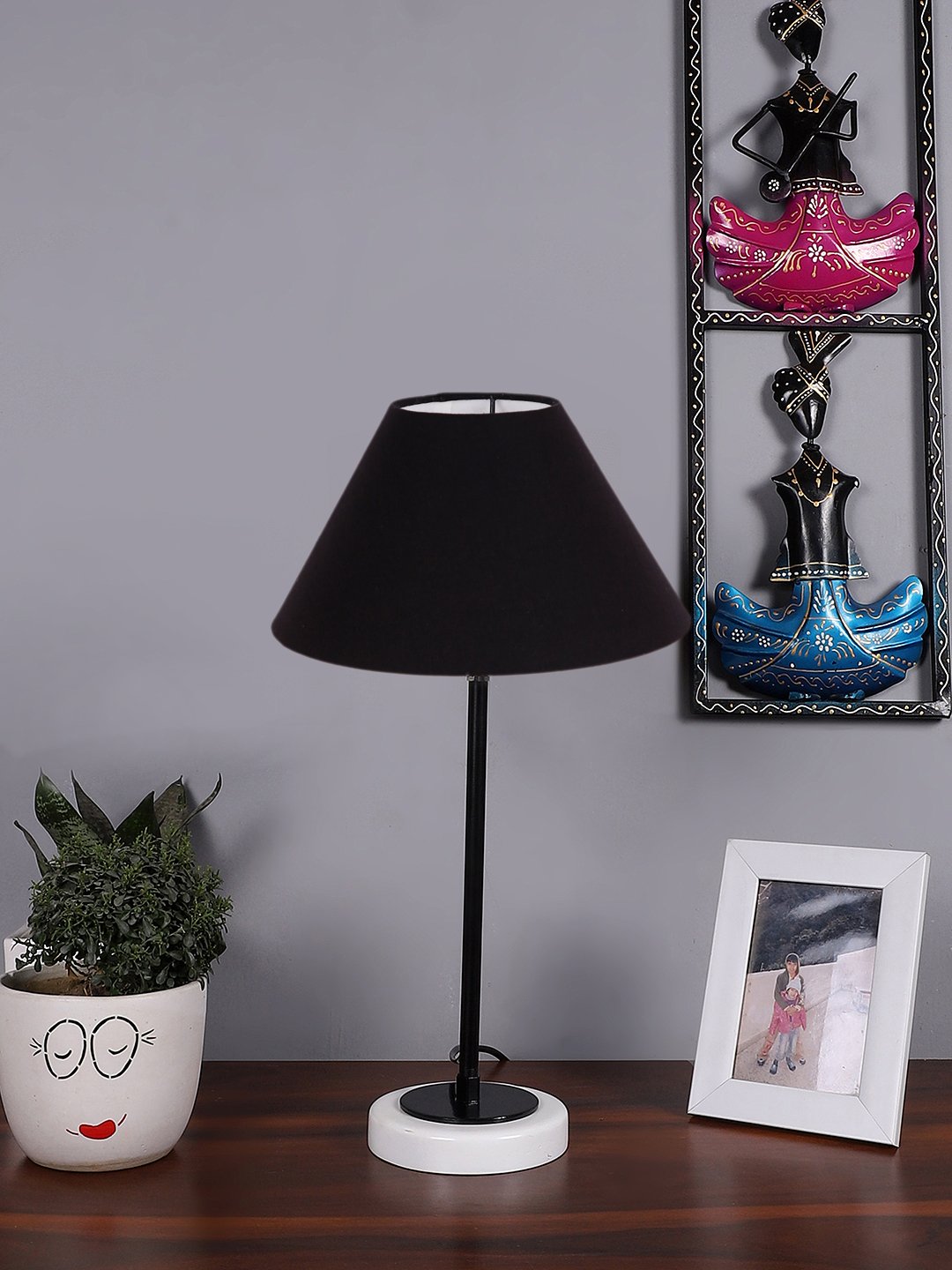 Ambika Home Wooden Table Lamp with Red Cotton Shade | Bedside Lamp for Bedroom, Living Room, Hotel & Cafe | RK46