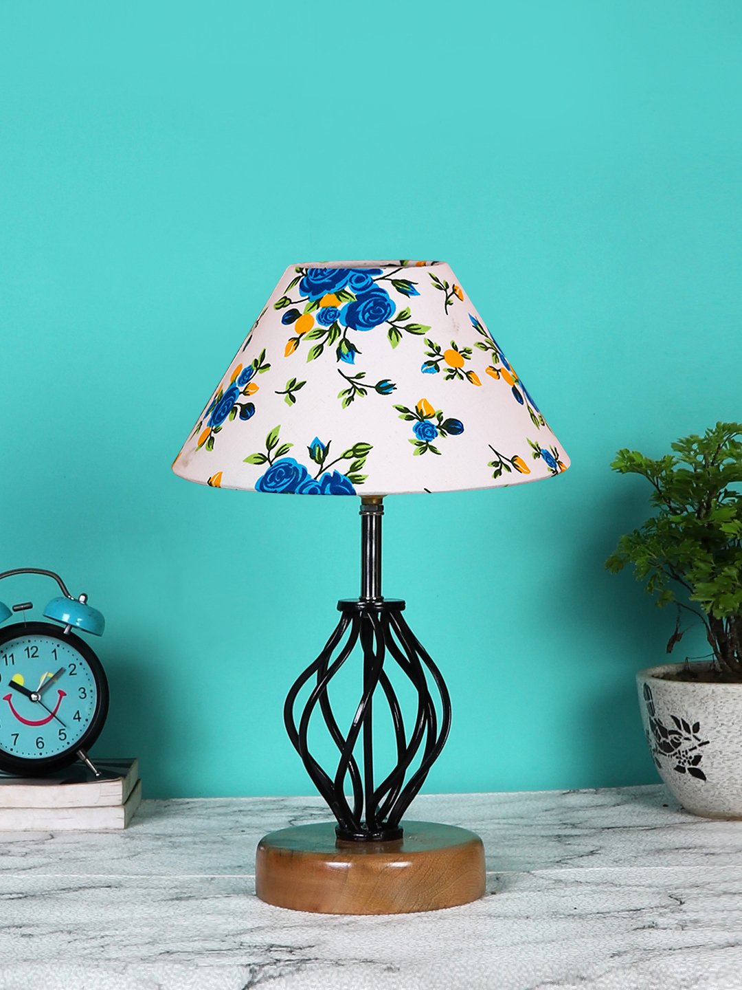 Ambika Home Multicolor cotton Table lamp with Wood & Iron Base