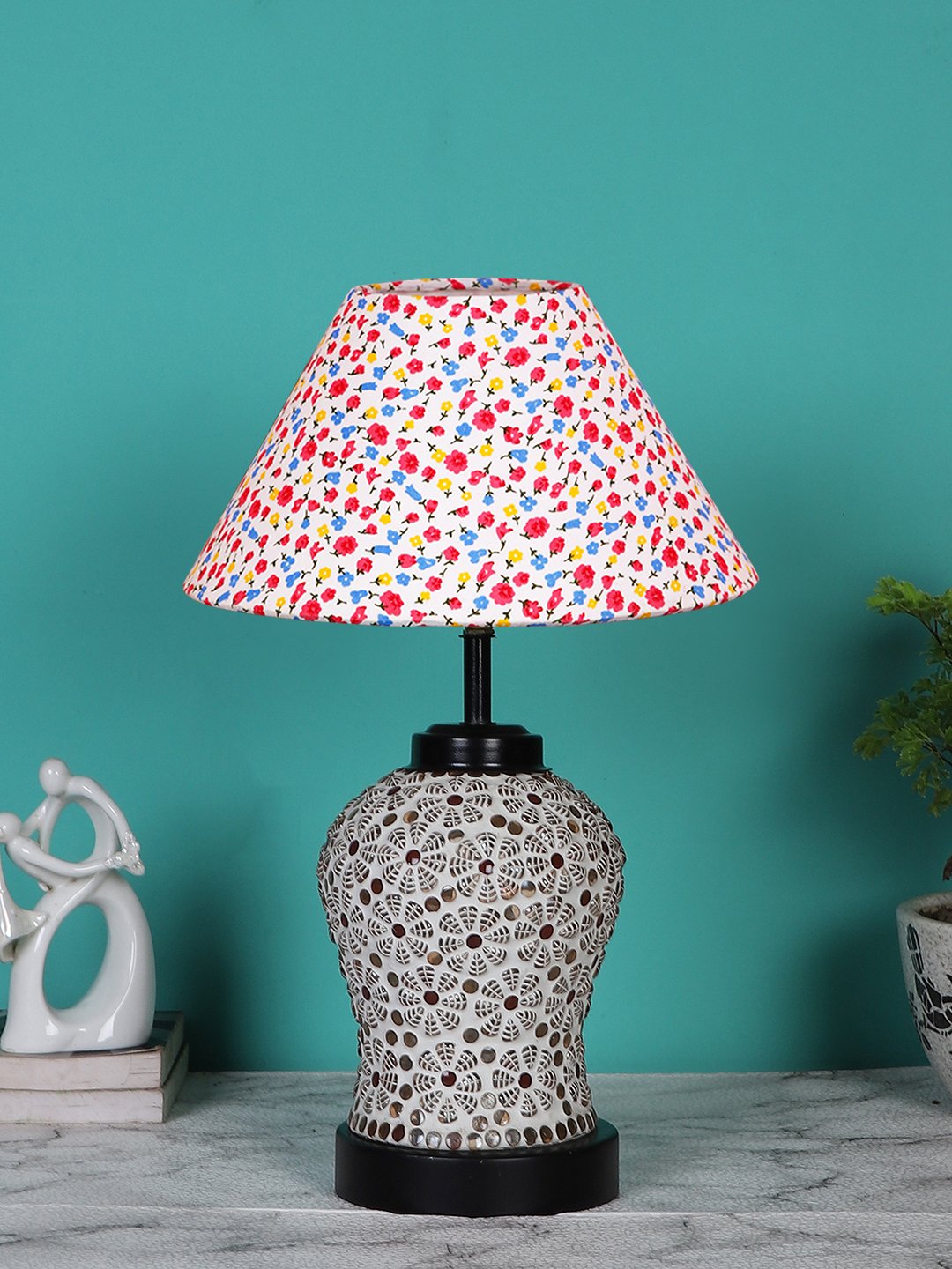Ambika Home Multicolor cotton Glass Table lamp with Iron Base