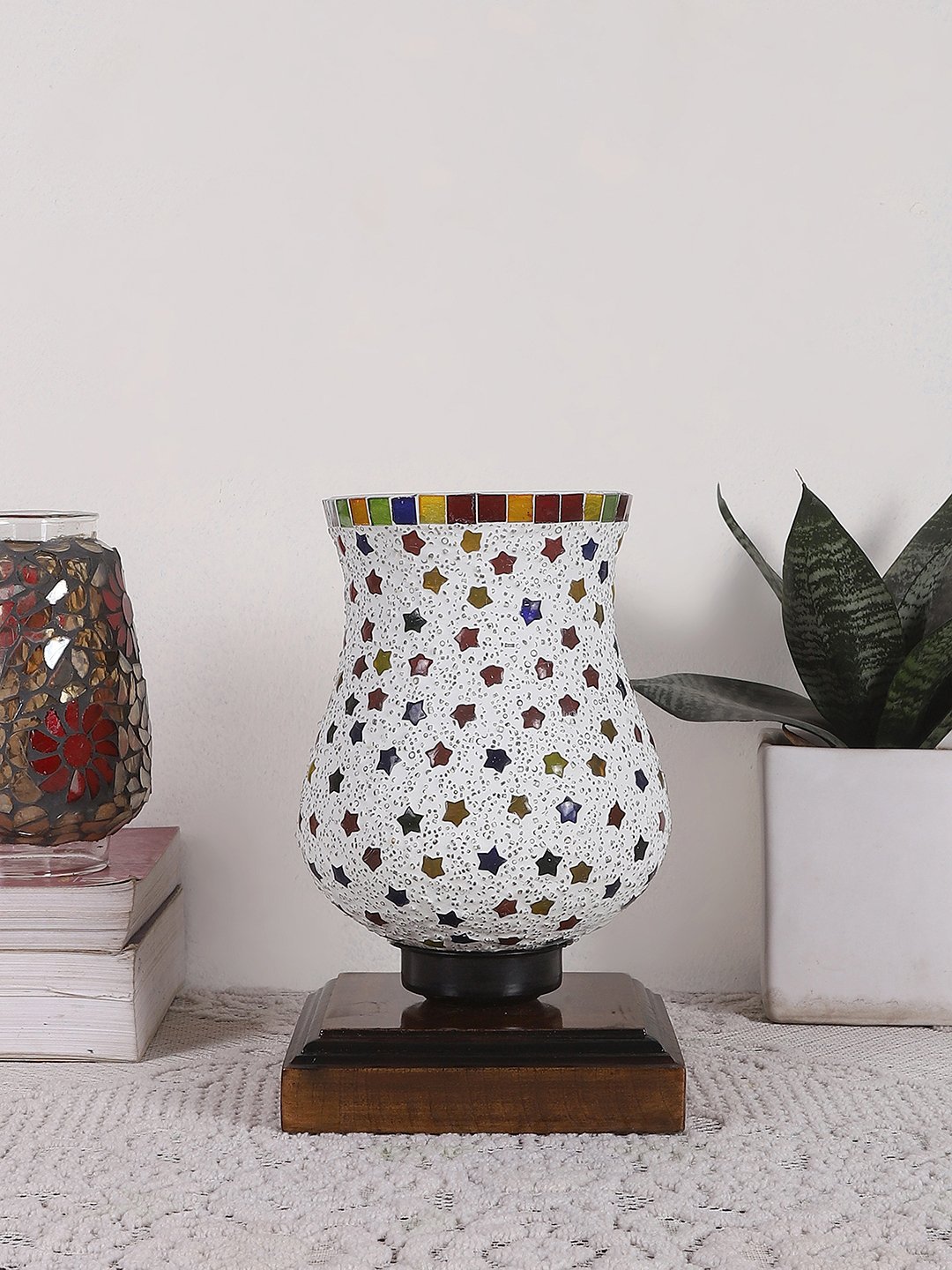 Ambika Home Elara Mosaic Multicolor Mosaic Glass Table Lamp with Wooden Base | Premium Bedside Lamp for Bedroom, Living Room, Hall, Hotel, Café, Restaurant & Office | E27 Compatible