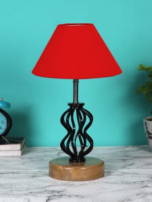 Ambika Home Red cotton Table lamp with Wood & Iron Base