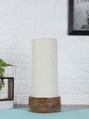 Ambika Home White Jute Round Carving Table Lamp Shade | Decorative Bedside Lamp for Living Room, Bedroom, Hotel, Cafe & Restaurant | SKU AT09