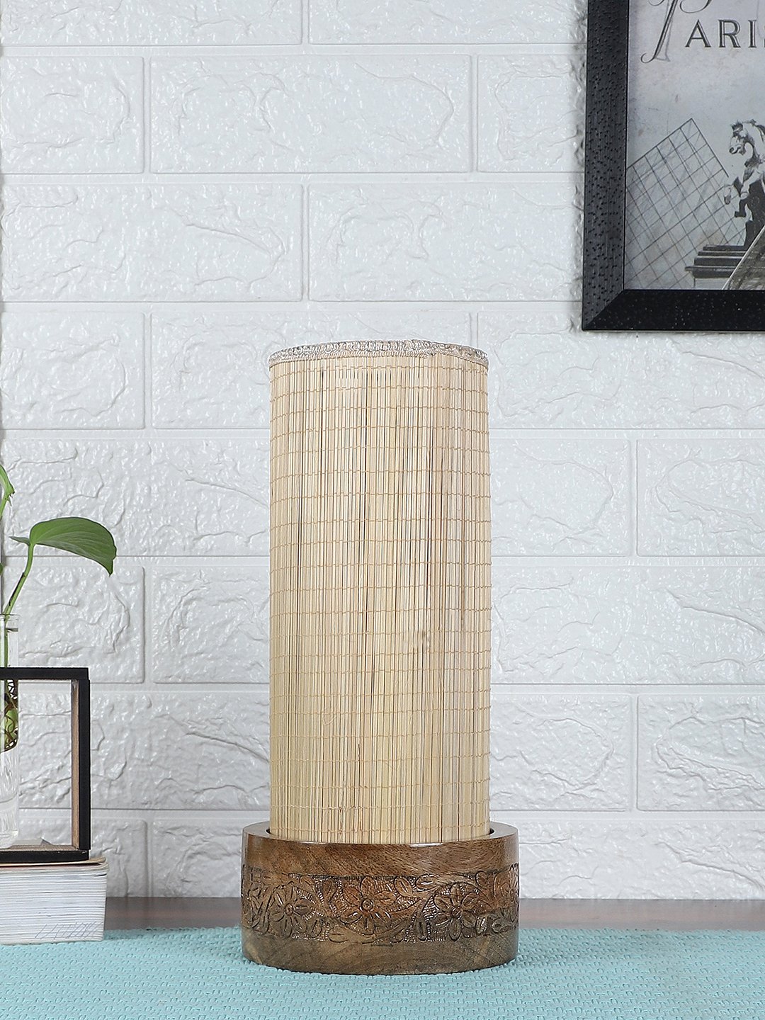 Ambika Home Beige Bamboo Round Carving Table Lamp Shade | Decorative Bedside Lamp for Living Room, Bedroom, Hotel, Cafe & Restaurant | SKU AT83