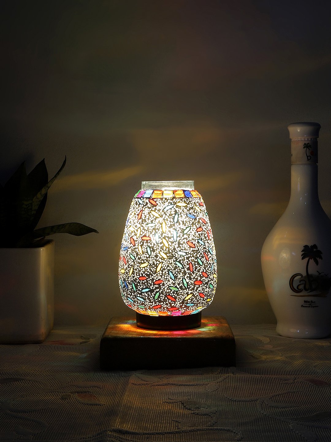 Ambika Home Nordic Mosaic Multicolor Mosaic Glass Table Lamp with Wooden Base | Premium Bedside Lamp for Bedroom, Living Room, Hall, Hotel, Café, Restaurant & Office | E27 Compatible - Image 2