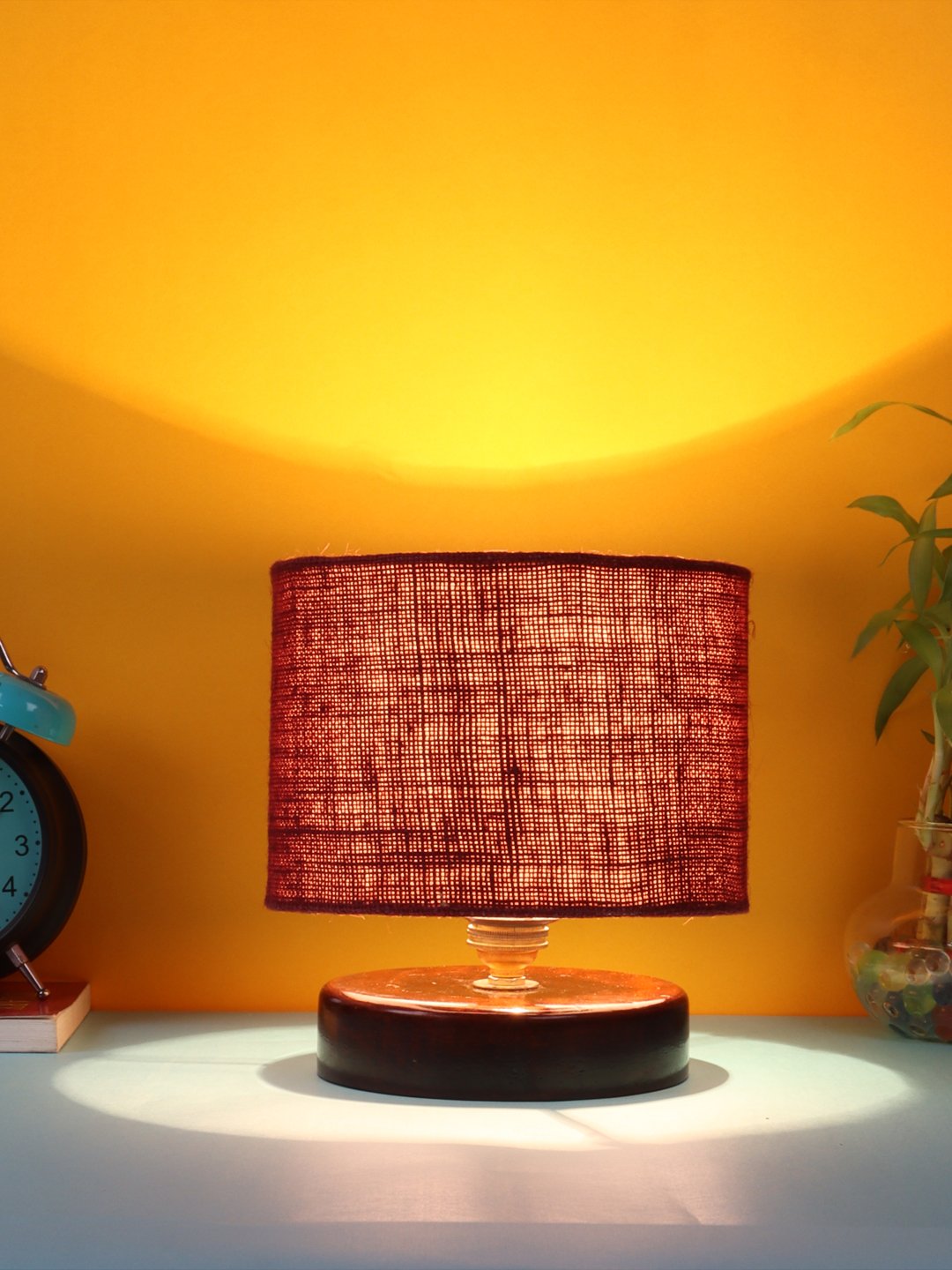 Ambika Home Elara Collection Maroon Gola Table Lamp with Wooden Base | Premium Decorative Bedside Lamp for Bedroom, Living Room, Hall, Hotel, Café, Restaurant & Office | E27 Compatible - Image 2
