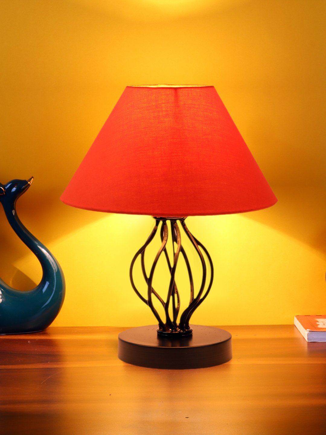 Ambika Home Spiral Iron Basket & Black WoodTable Lamp with Orange Cotton Shade Wooden Table Lamp with Cotton Shade, White, Modern Bedside Lamp for Bedroom, Living Room, Hotel, Café & Home Decor - Image 2