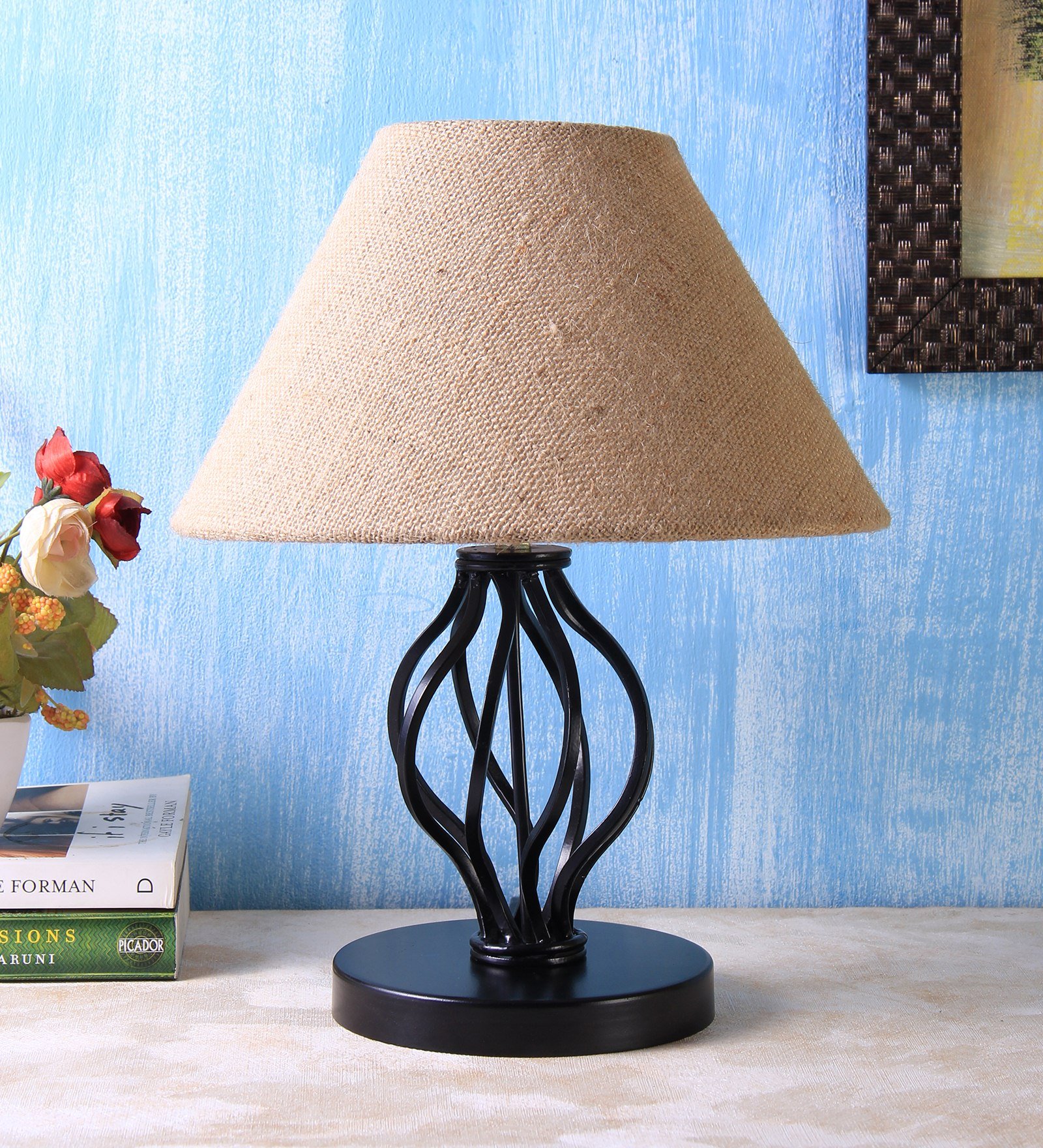 Ambika Home Spiral Iron Basket & Black WoodTable Lamp with Beige Jute Shade Wooden Table Lamp with Jute Shade, White, Modern Bedside Lamp for Bedroom, Living Room, Hotel, Café & Home Decor - Image 2