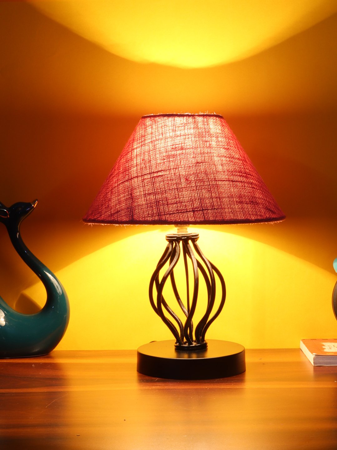 Ambika Home Spiral Iron Basket & Black WoodTable Lamp with Pink Jute Shade Wooden Table Lamp with Jute Shade, White, Modern Bedside Lamp for Bedroom, Living Room, Hotel, Café & Home Decor