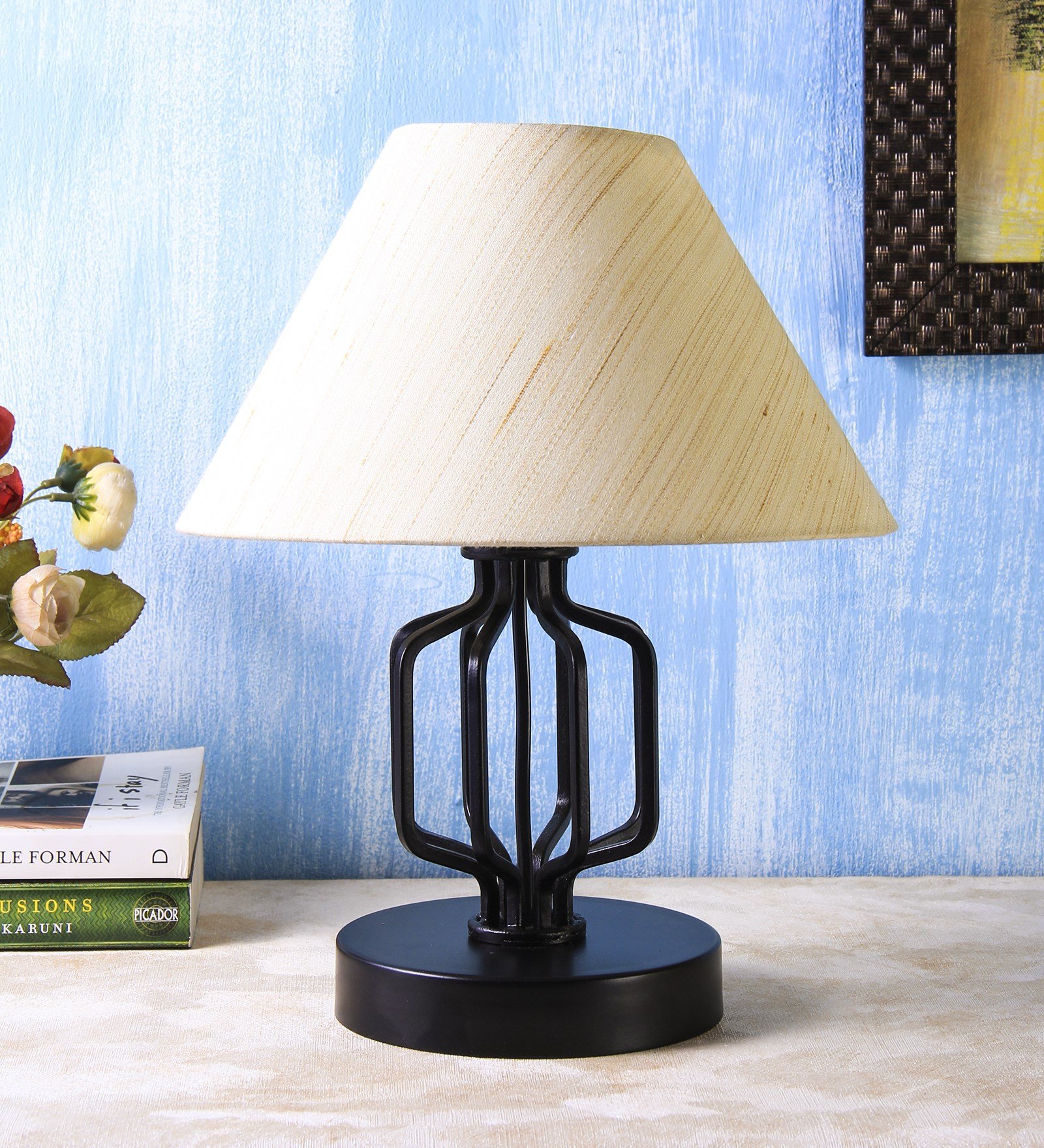 Ambika Home Square Iron Basket & Black Wood Table Lamp with off-white Khadi Shade Wooden Table Lamp with Cotton Shade, White, Modern Bedside Lamp for Bedroom, Living Room, Hotel, Café & Home Decor - Image 2