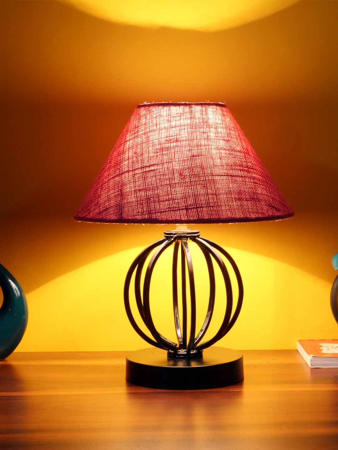 Ambika Home Round Iron & Black WoodTable Lamp with Pink Jute Shade Wooden Table Lamp with Jute Shade, Pink , Modern Bedside Lamp for Bedroom, Living Room, Hotel, Café & Home Decor - Image 2