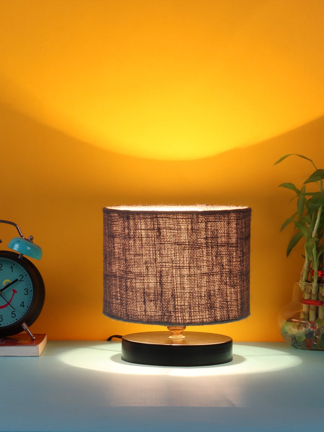 Ambika Home Grey jute Table Lamp with Black Wood Base Wooden Table Lamp with Jute Shade, Grey, Modern Bedside Lamp for Bedroom, Living Room, Hotel, Café & Home Decor - Image 2