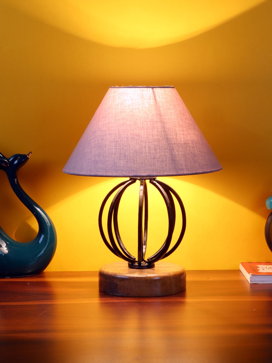Ambika Home Round Iron & Wood Table Lamp with Grey Cotton Shade Wooden Table Lamp with Cotton Shade, Grey, Modern Bedside Lamp for Bedroom, Living Room, Hotel, Café & Home Decor - Image 2