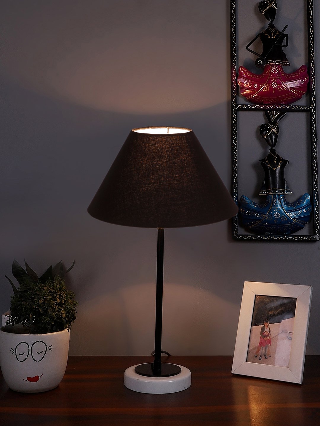 Ambika Home Wooden Table Lamp with Red Cotton Shade | Bedside Lamp for Bedroom, Living Room, Hotel & Cafe | RK46 - Image 2