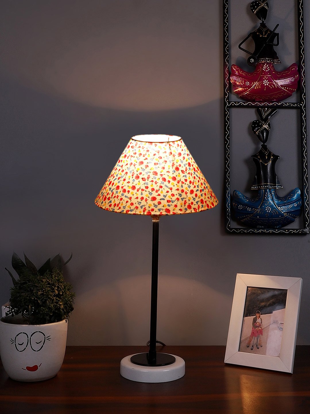 Ambika Home Wooden Table Lamp with Multi Cotton Shade | Bedside Lamp for Bedroom, Living Room, Hotel & Cafe | RK58 - Image 2