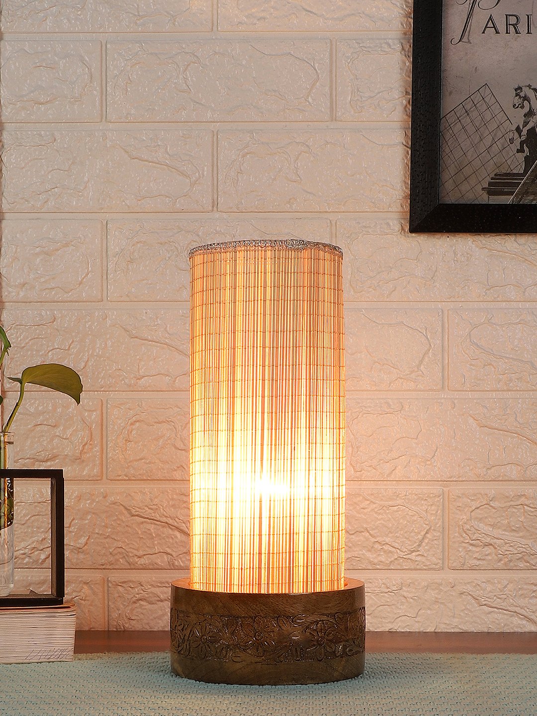Ambika Home Beige Bamboo Round Carving Table Lamp Shade | Decorative Bedside Lamp for Living Room, Bedroom, Hotel, Cafe & Restaurant | SKU AT83 - Image 2
