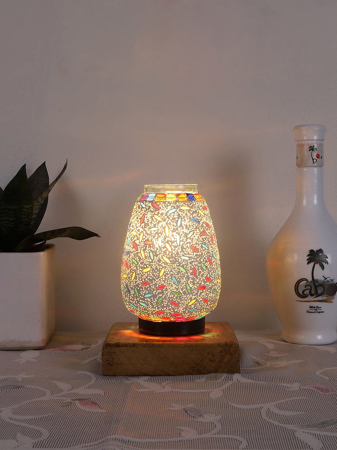Ambika Home Nordic Mosaic Multicolor Mosaic Glass Table Lamp with Wooden Base | Premium Bedside Lamp for Bedroom, Living Room, Hall, Hotel, Café, Restaurant & Office | E27 Compatible - Image 3