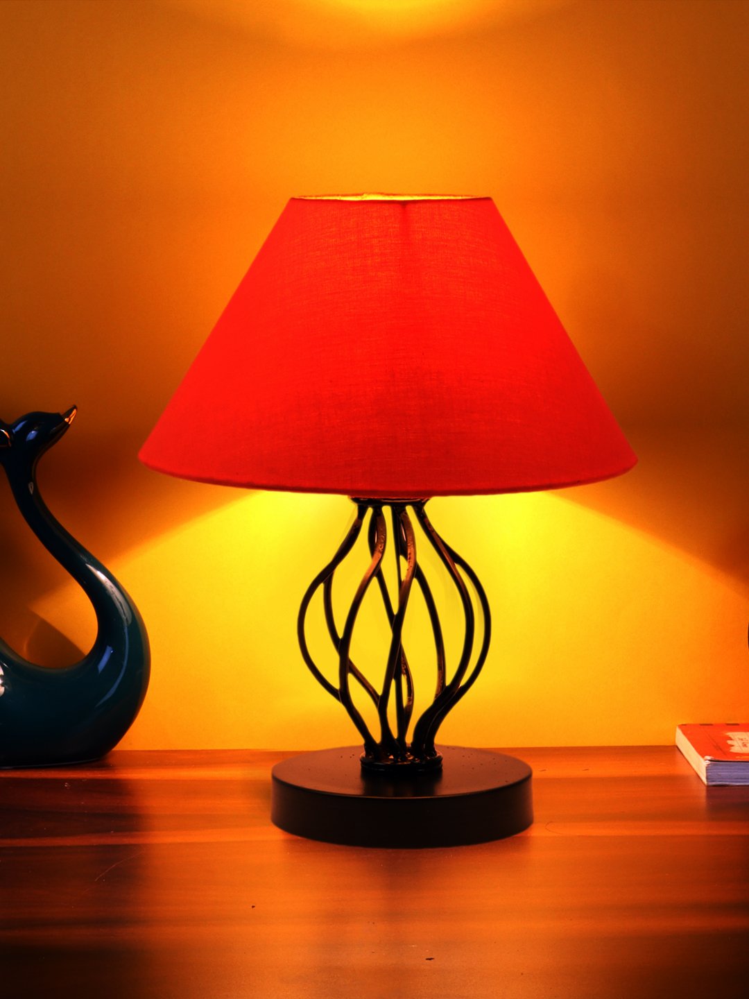 Ambika Home Spiral Iron Basket & Black WoodTable Lamp with Orange Cotton Shade Wooden Table Lamp with Cotton Shade, White, Modern Bedside Lamp for Bedroom, Living Room, Hotel, Café & Home Decor - Image 3