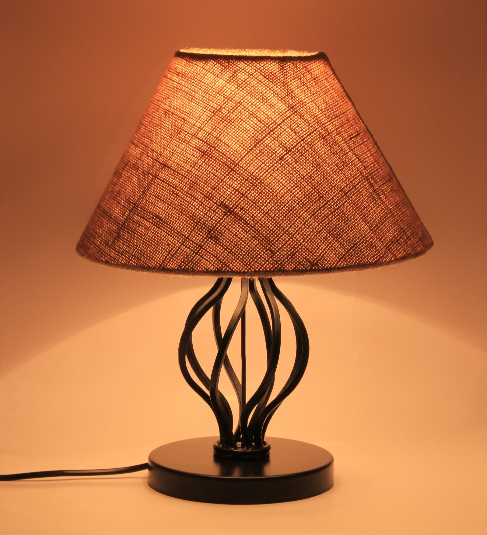 Ambika Home Spiral Iron Basket & Black WoodTable Lamp with Beige Jute Shade Wooden Table Lamp with Jute Shade, White, Modern Bedside Lamp for Bedroom, Living Room, Hotel, Café & Home Decor - Image 3