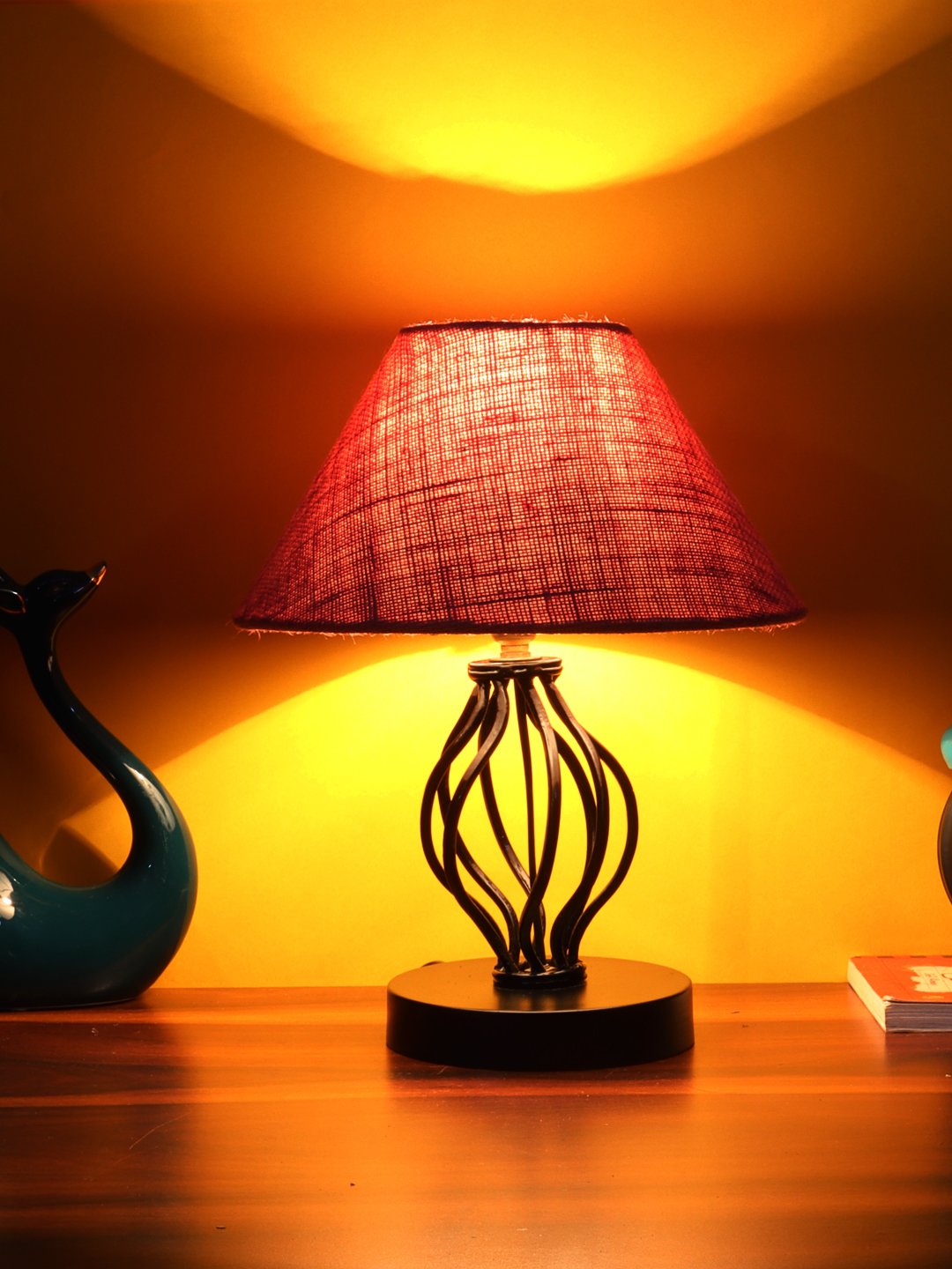 Ambika Home Spiral Iron Basket & Black WoodTable Lamp with Pink Jute Shade Wooden Table Lamp with Jute Shade, White, Modern Bedside Lamp for Bedroom, Living Room, Hotel, Café & Home Decor - Image 2