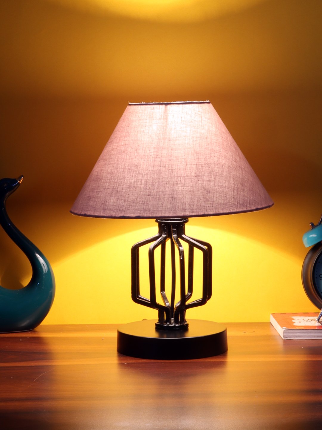 Ambika Home Square Iron Basket & Black WoodTable Lamp with Grey Cotton Shade Wooden Table Lamp with Cotton Shade, White, Modern Bedside Lamp for Bedroom, Living Room, Hotel, Café & Home Decor - Image 3