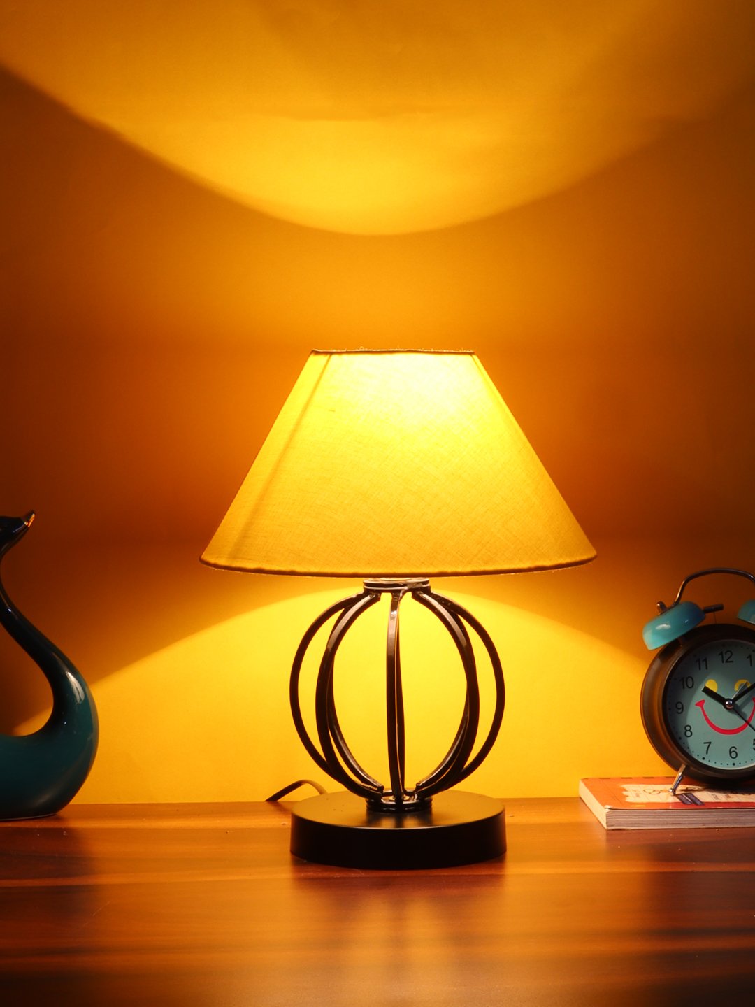 Ambika Home Round Iron & Black WoodTable Lamp with Yellow Cotton Shade Wooden Table Lamp with Cotton Shade, Yellow, Modern Bedside Lamp for Bedroom, Living Room, Hotel, Café & Home Decor - Image 3