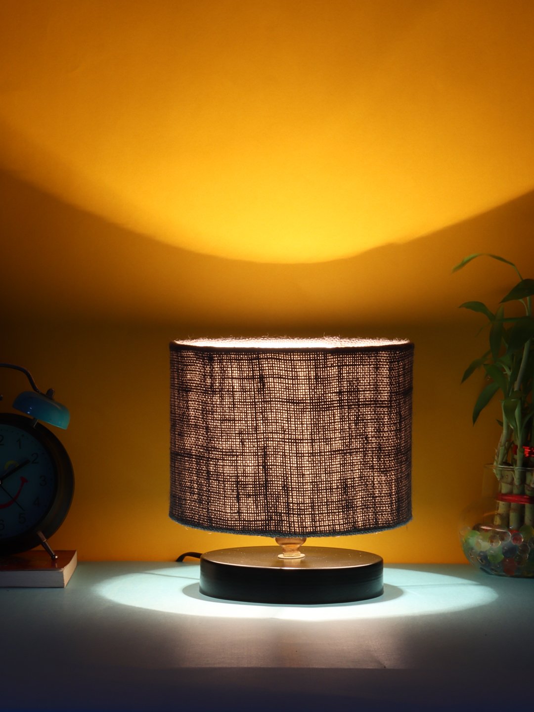 Ambika Home Grey jute Table Lamp with Black Wood Base Wooden Table Lamp with Jute Shade, Grey, Modern Bedside Lamp for Bedroom, Living Room, Hotel, Café & Home Decor - Image 3