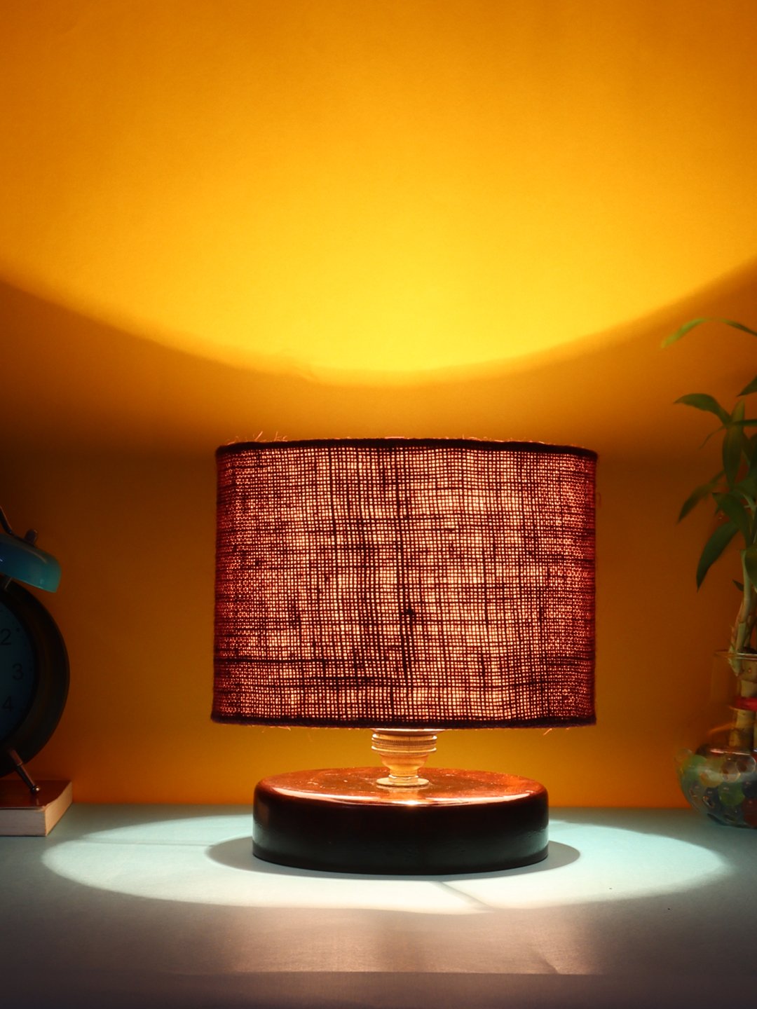 Ambika Home Maroon Jute table lamp with Brown wood base Wooden Table Lamp with Jute Shade, Maroon , Modern Bedside Lamp for Bedroom, Living Room, Hotel, Café & Home Decor - Image 3